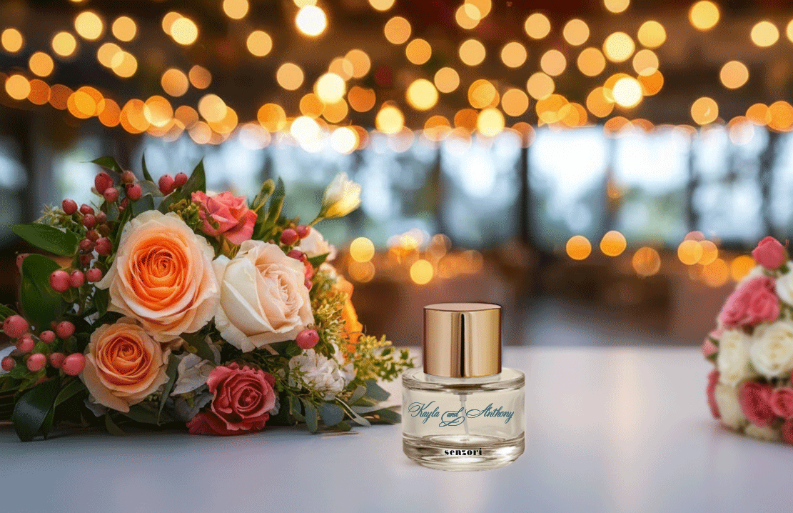 Personalized wedding fragrance keepsake displayed with flowers and string lights.