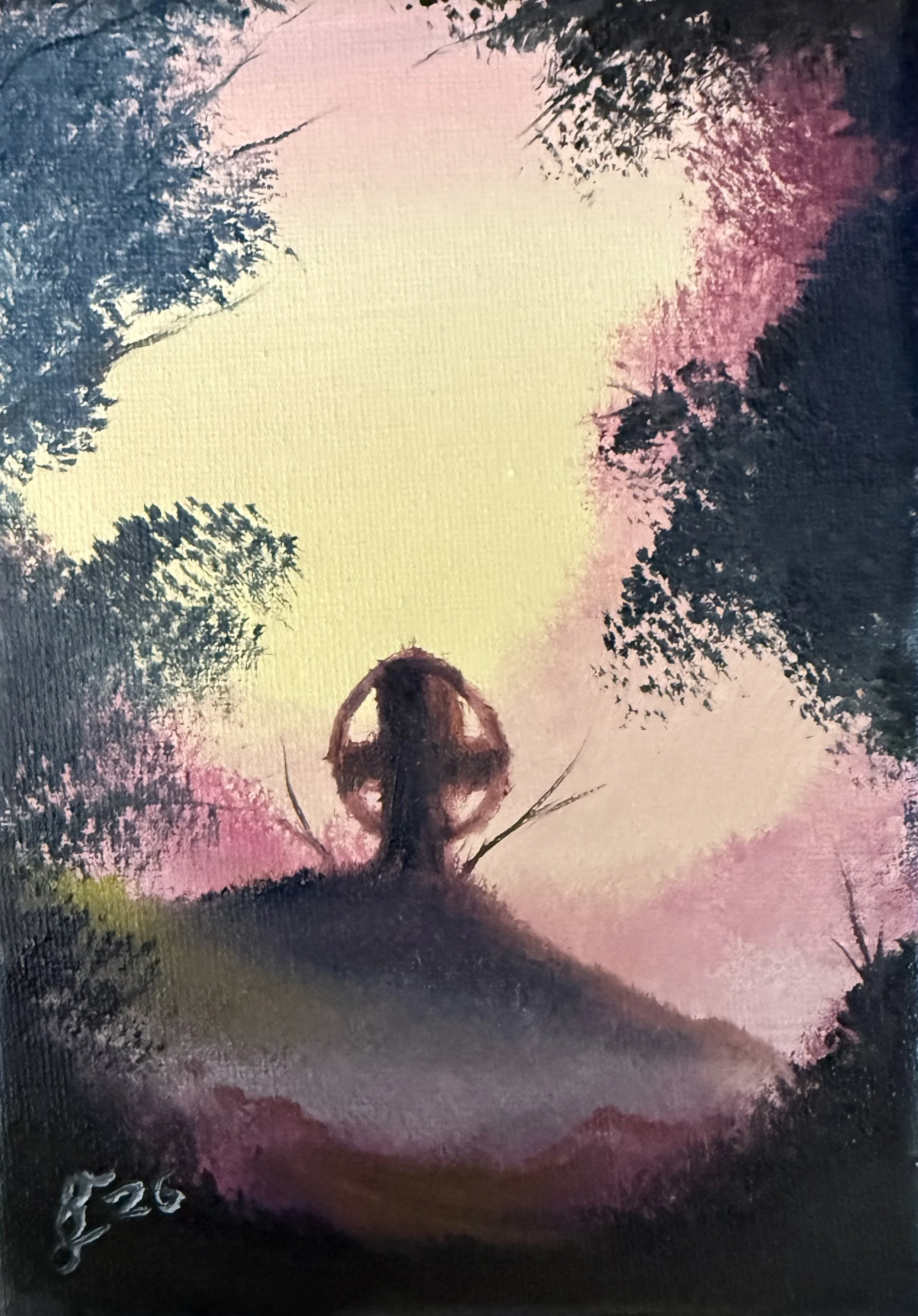 Silhouette of a grave marker or shrine sitting on a small hill, surrounded by trees under a pastel-colored sky at sunset.
