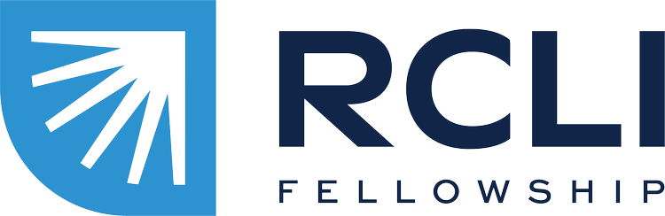 RCL Fellowship logo featuring a stylized black sun with rays inside a blue square, with the text 'RCL Fellowship' next to it.