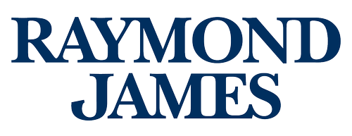 The text 'Raymond James' in large, blue capital letters with a dark shadow effect.