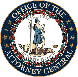 Seal of the Office of the Attorney General of Virginia with the state flag colors and a central figure of Virtue holding a sword and scales.
