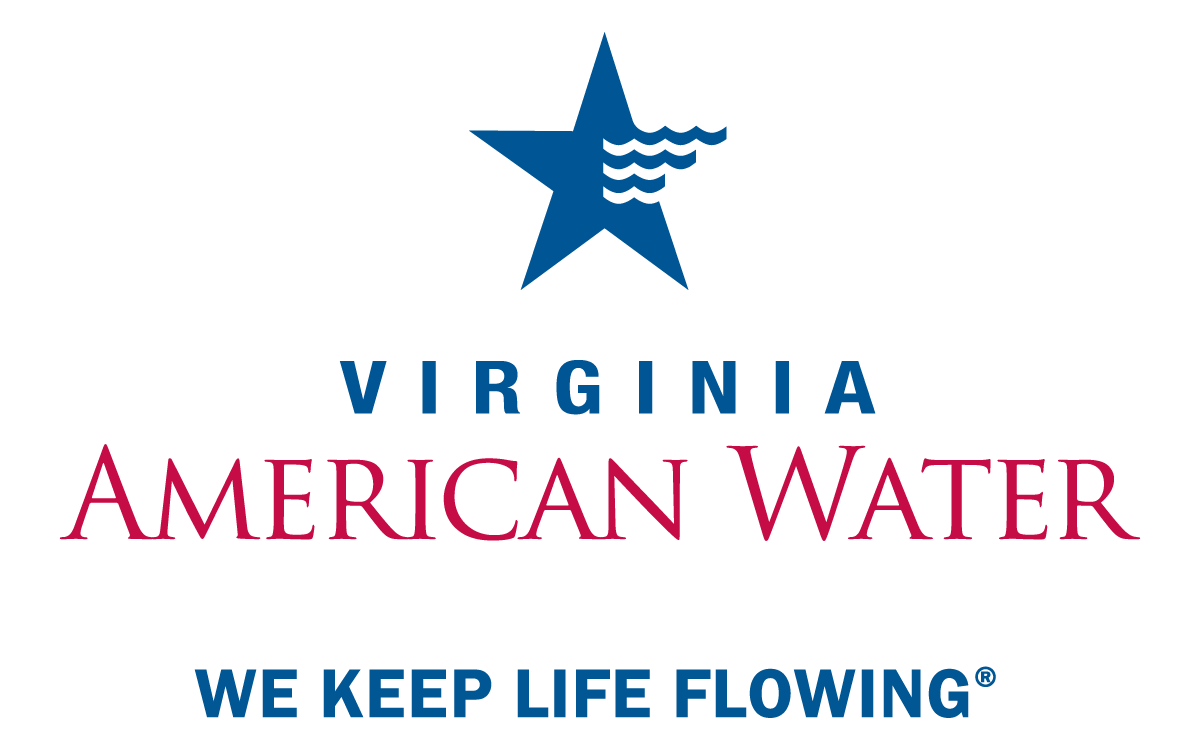 Logo for Virginia American Water with a blue star and water waves, the words "Virginia American Water" in blue and maroon, and the slogan "We Keep Life Flowing".