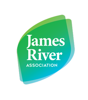 A logo with a stylized green and blue water droplet shape containing white text that reads 'James River Association'.
