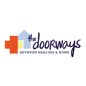 Logo for The Doorways, an organization that helps children transition between living situations, featuring a house shape with an orange, blue, and yellow door and the text 'the doorways' with a tagline.