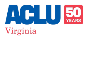 ACLU Virginia 50 years logo with blue, green, and red text