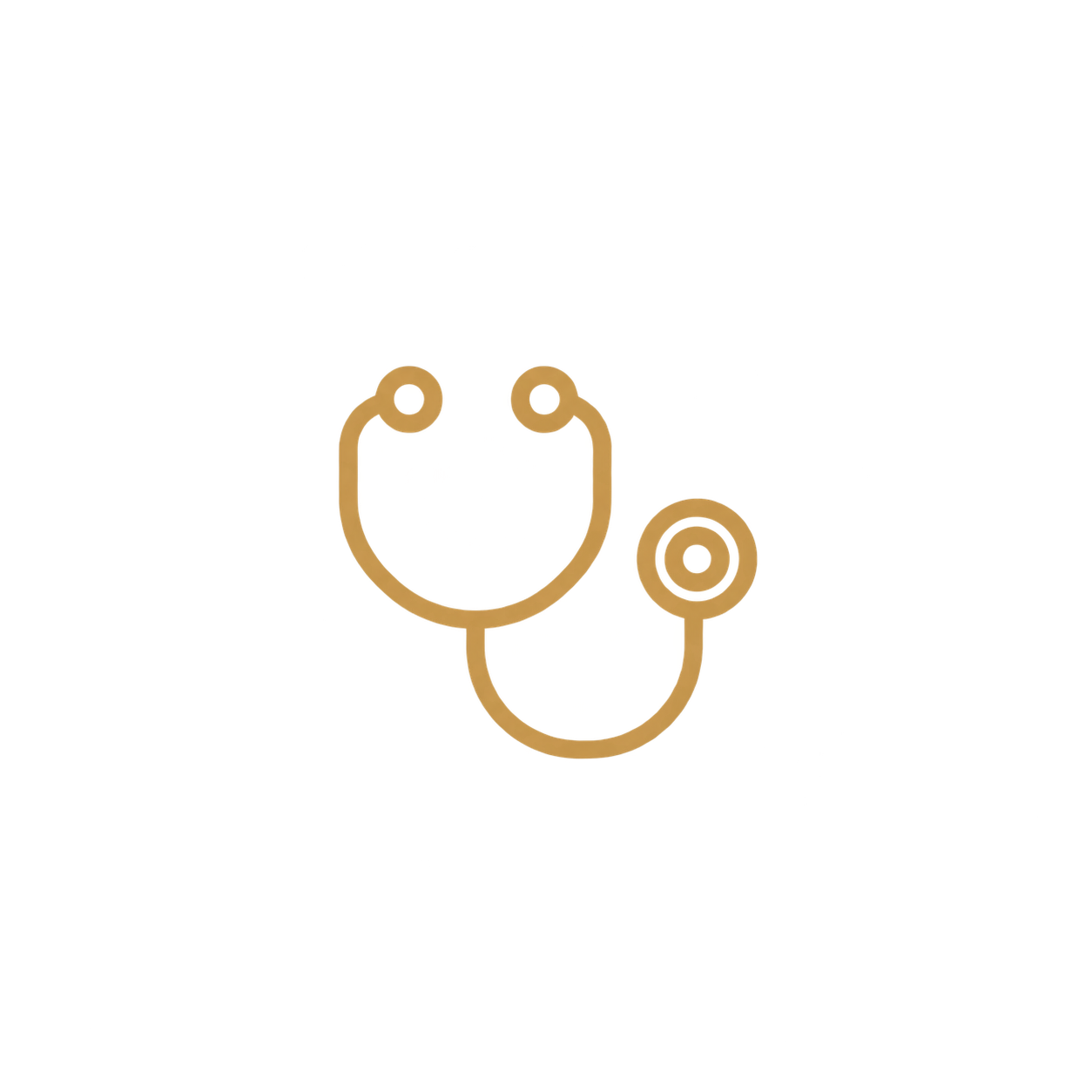 Outline drawing of a stethoscope with gold accents.