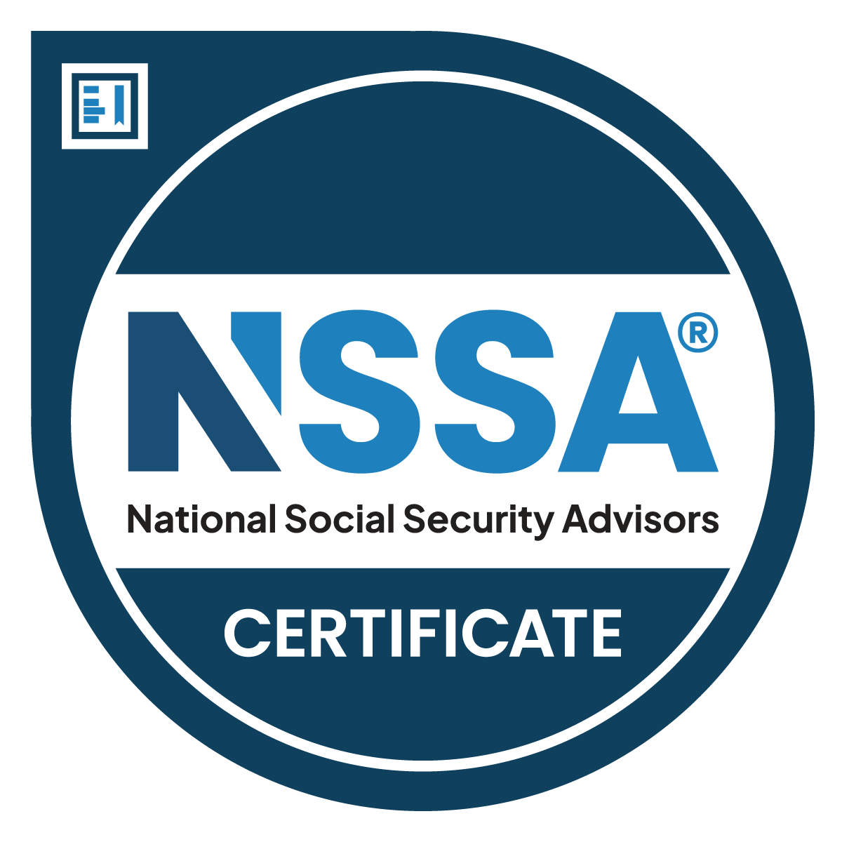 NSSA logo with text 'National Social Security Advisors' and 'CERTIFICATE' on a circular badge.
