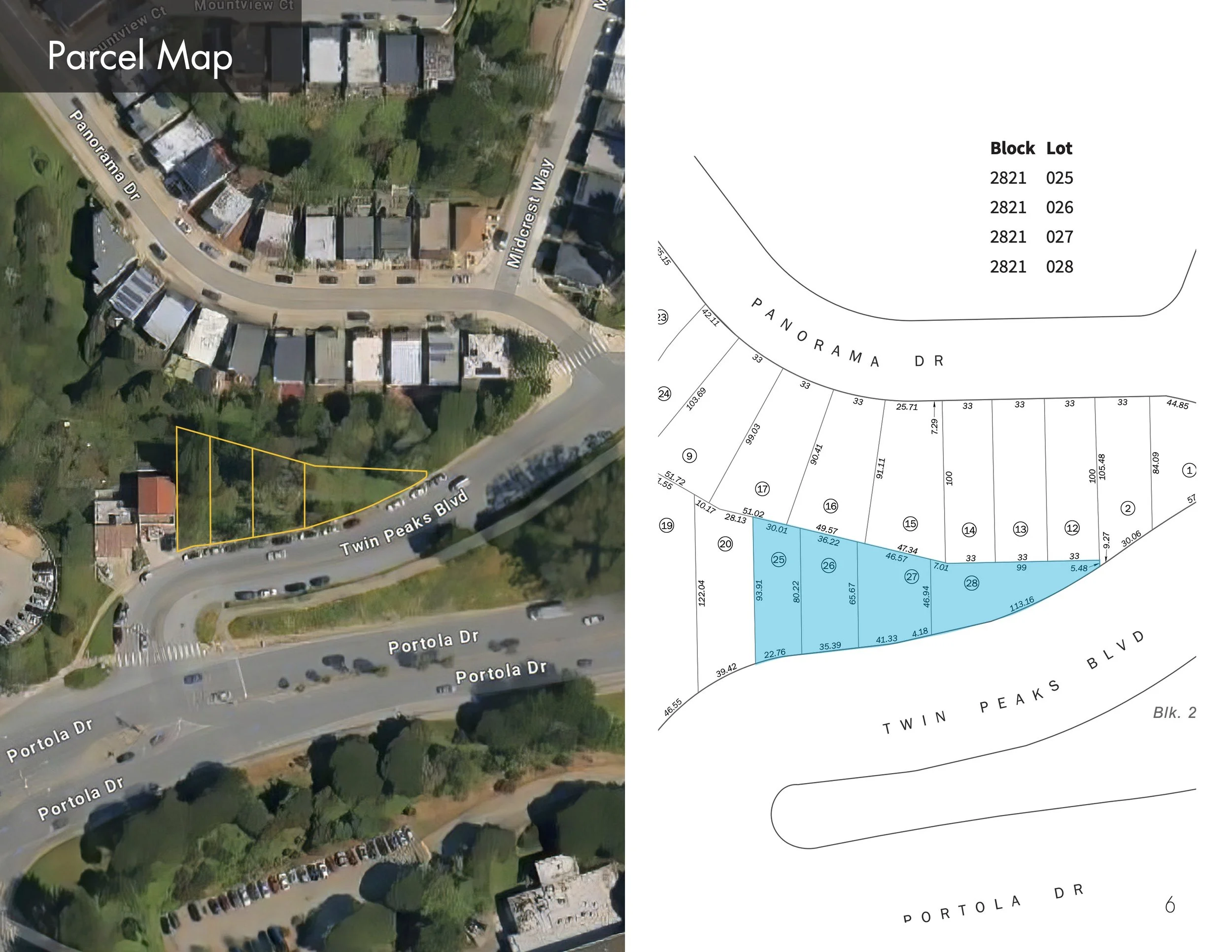 Aerial view of a residential neighborhood with houses, trees, streets, and parked cars, overlaid with a parcel map highlighting plots of land on Twin Peaks Boulevard and surrounding streets.