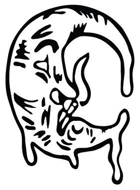 Black and white line drawing of a cat curled inside a circular shape.