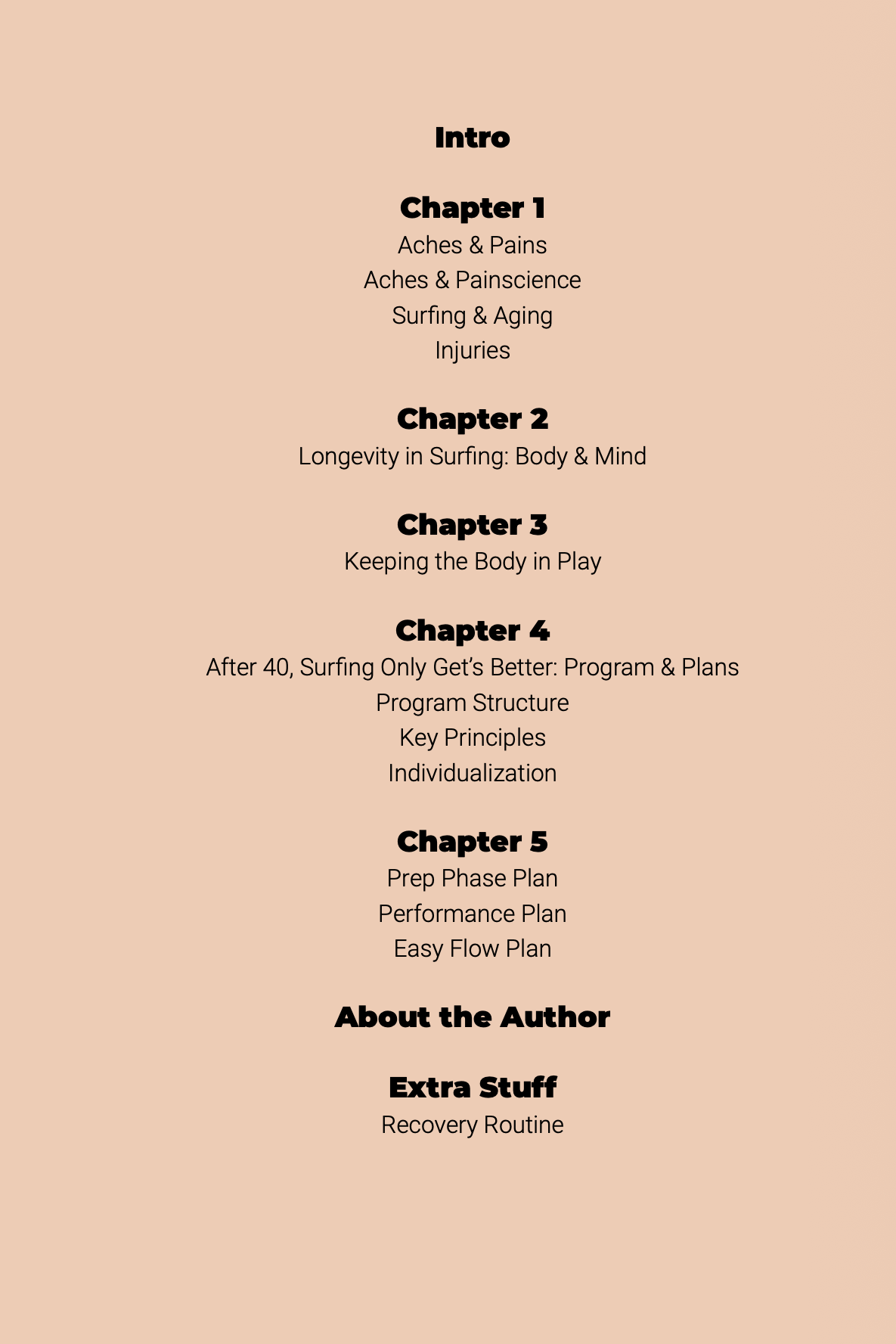 Table of contents of the After 40 Strength & Longevity program, covering surfing and aging, longevity, training principles, recovery, and exercise plans.