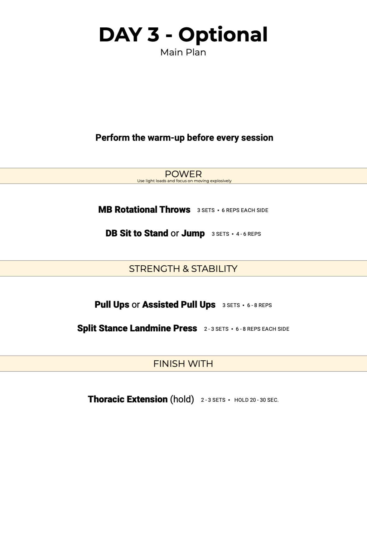 Sample workout page from the program featuring strength, power and mobility exercises for surfers
