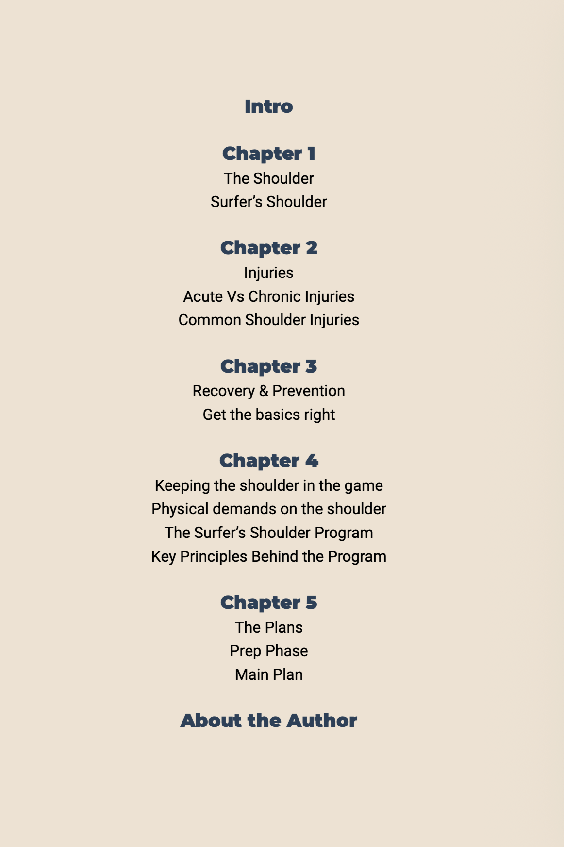 Table of contents of the Shoulder Health & Performance program for surfers