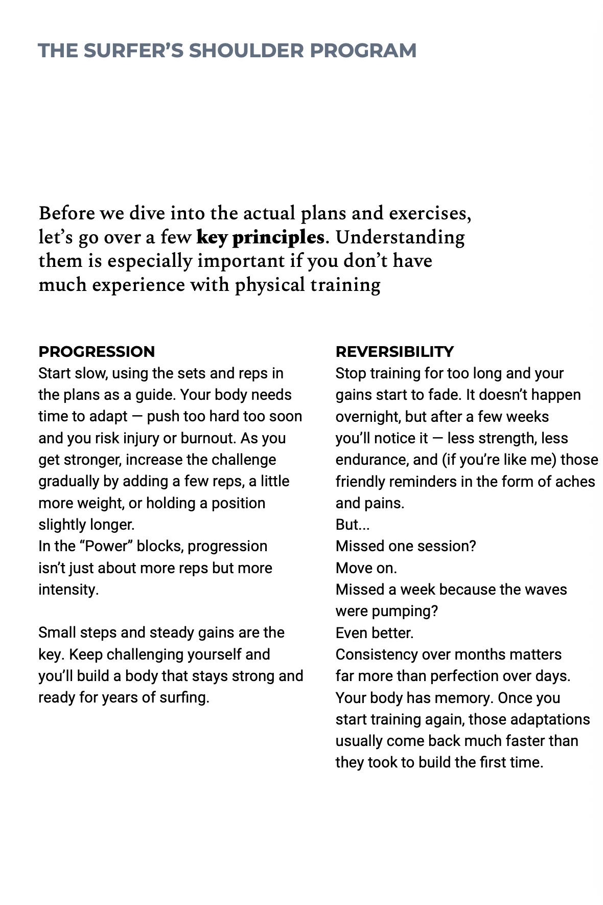 Page explaining some of the key training principles behind the Shoulder Health & Performance program.