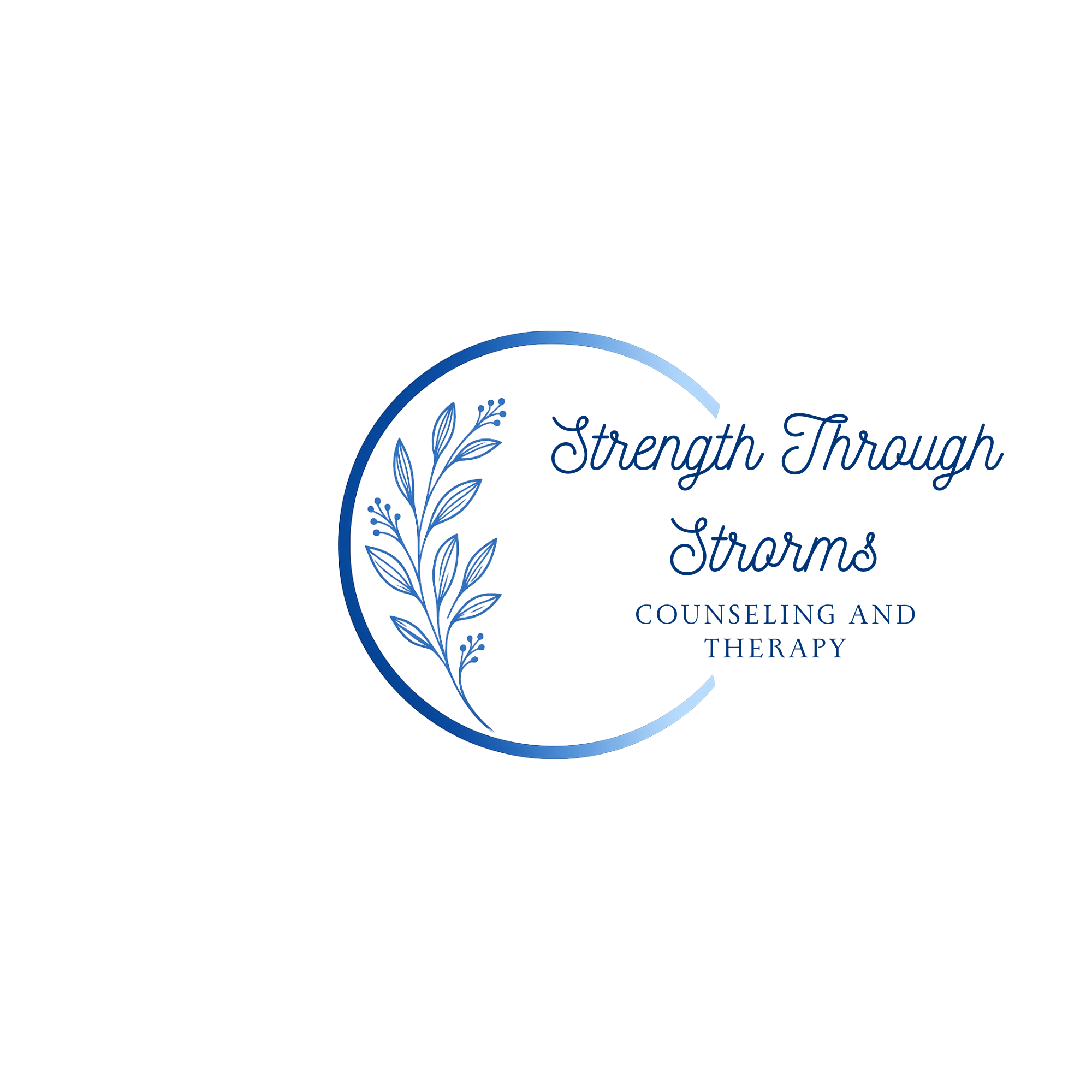 Partial view of a logo with blue lettering that says "Strength Through" and "Counseling and Therapy," with a decorative branch design.