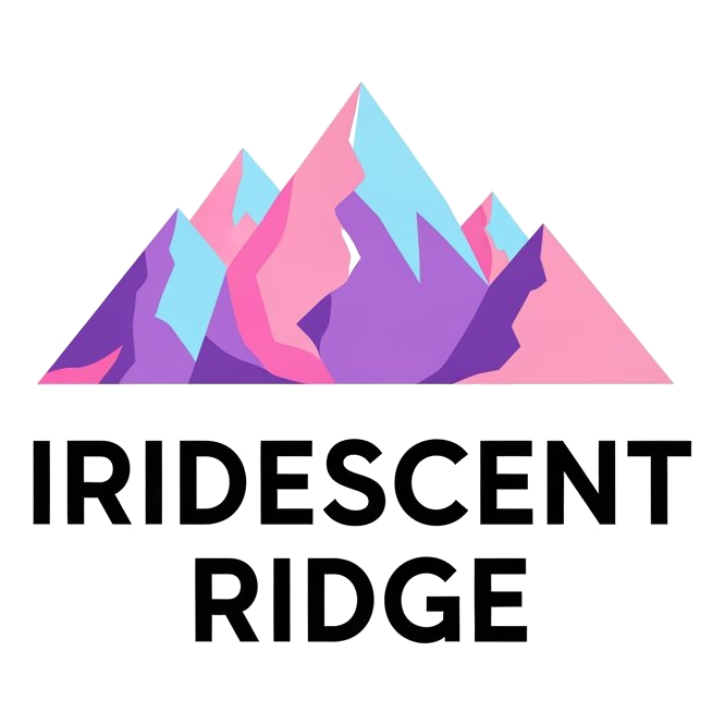 Stylized mountain range with pastel colors and the text 'IRIDESCENT RIDE' in bold, 3D-style font.