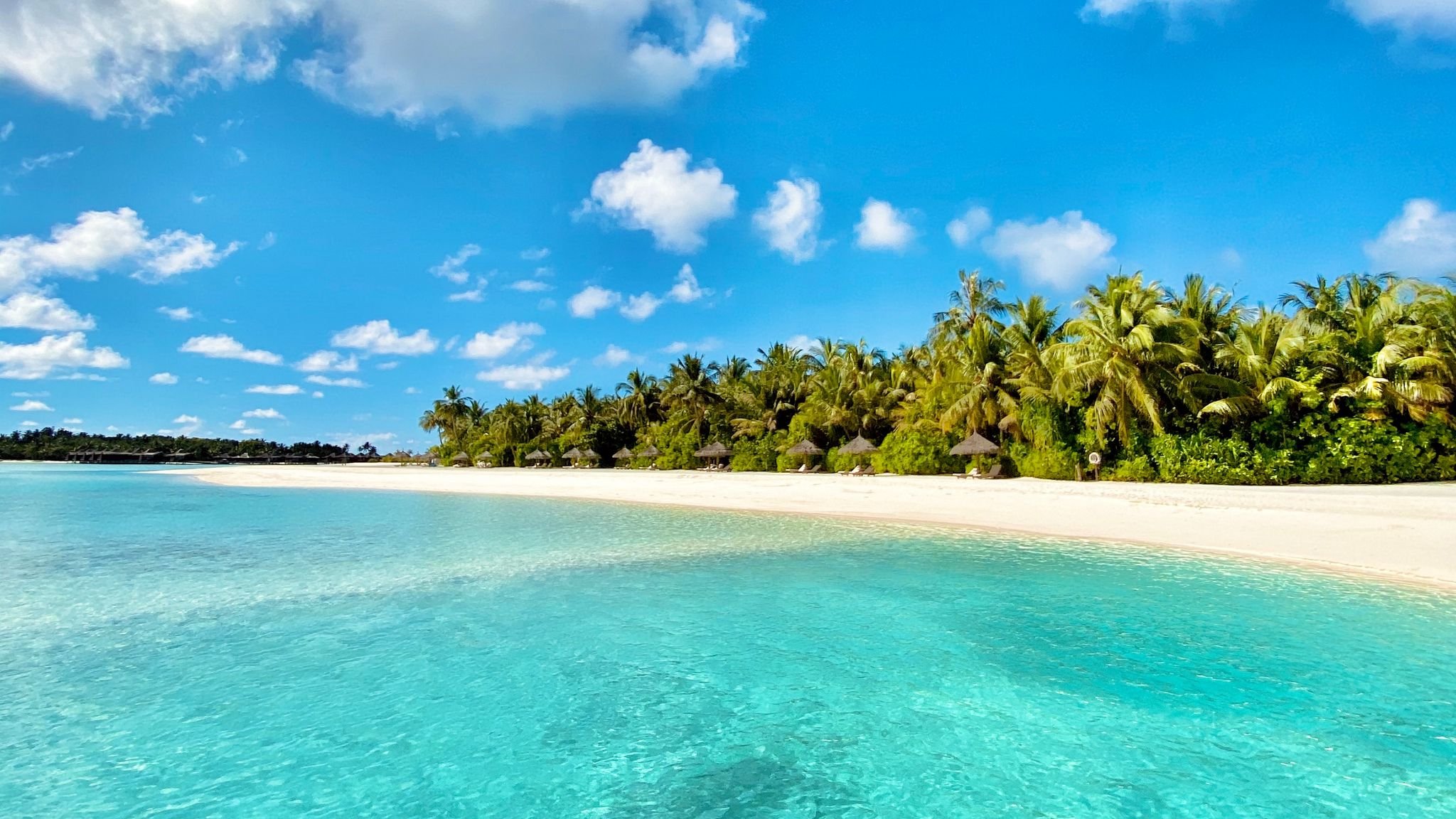Tropical beach with clear turquoise water, white sandy shore, and lush green palm trees under a bright blue sky with scattered clouds.