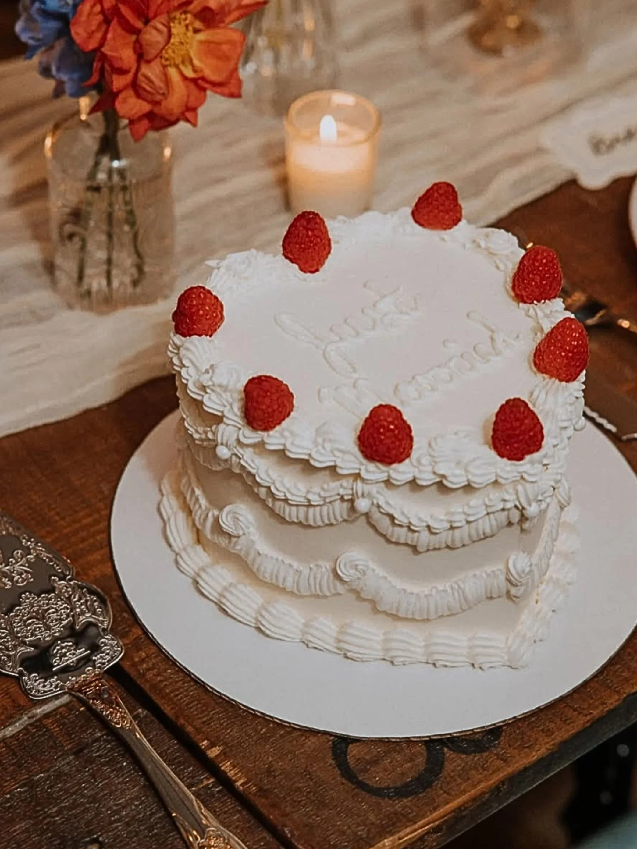 Vintage 6" Cutting Cake with Raspberries