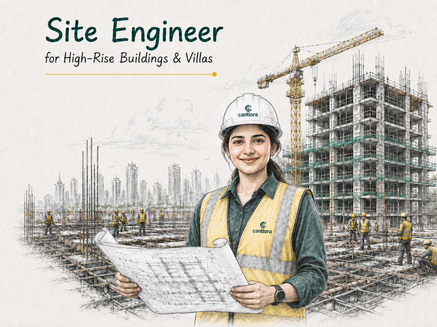 Female site engineer with construction drawings at a high-rise project site