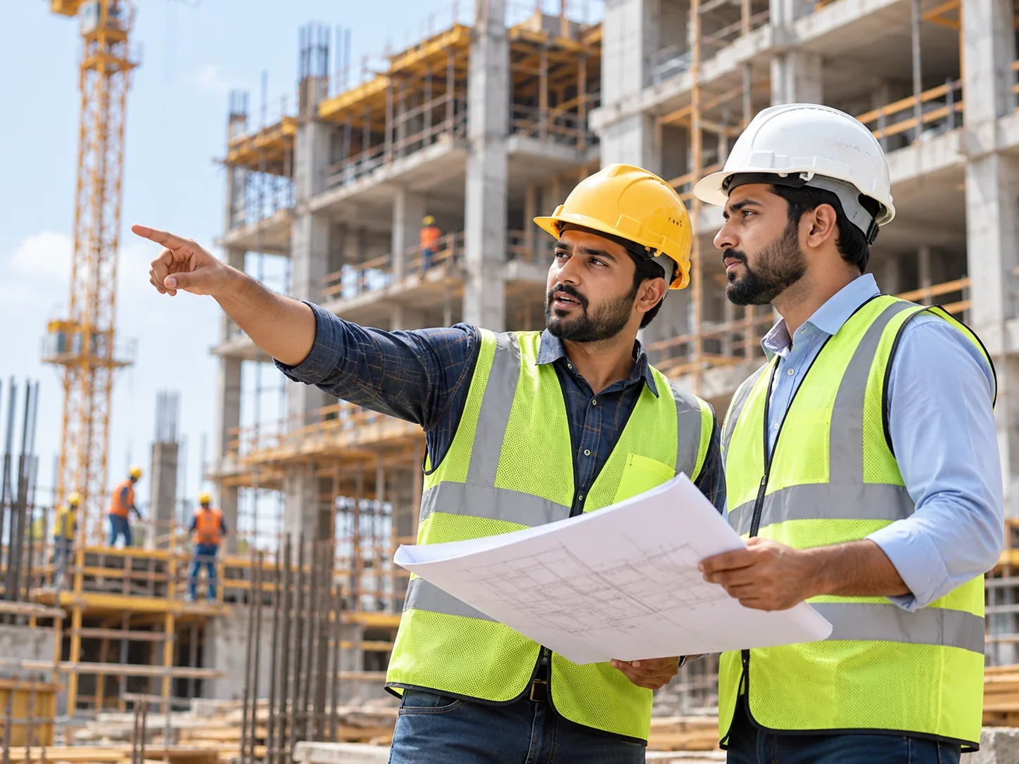Two construction professionals discussing site work and reviewing drawings at a building project.