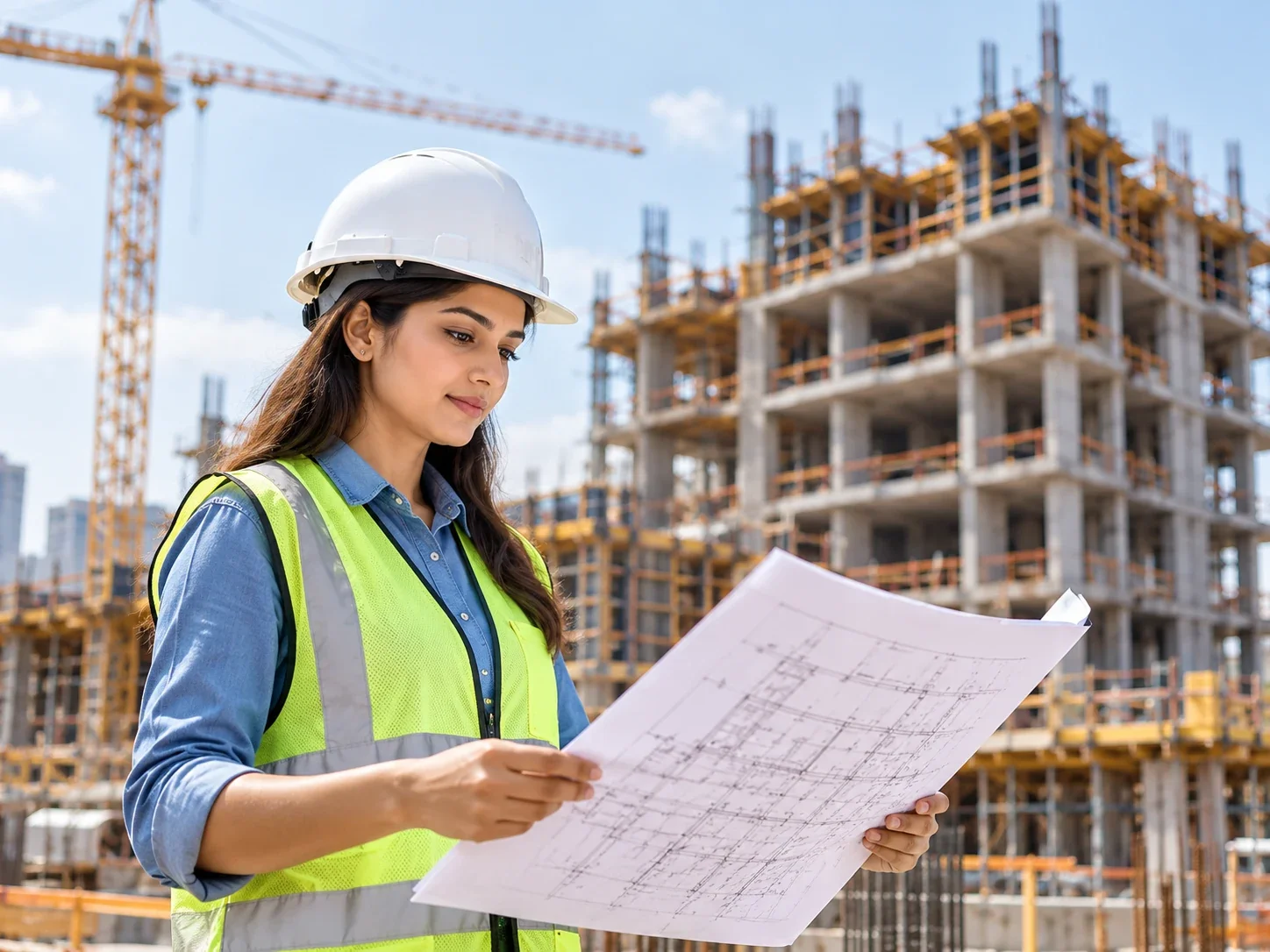 Female site engineer reviewing construction drawings at an active high-rise building project.