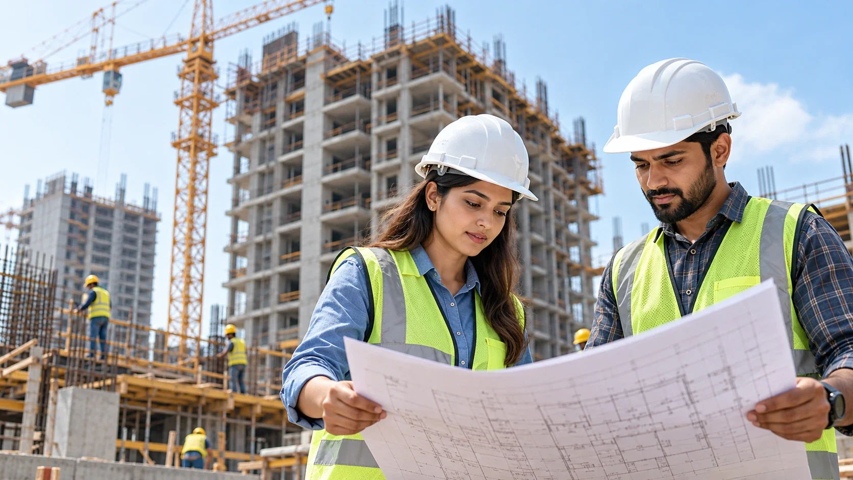 Female and male construction professionals reviewing building drawings at a high-rise construction site.