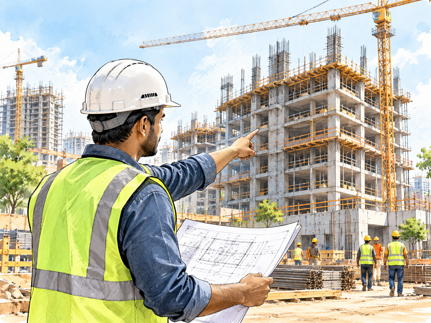 Construction engineer coordinating site activities and reviewing building drawings at an active project.