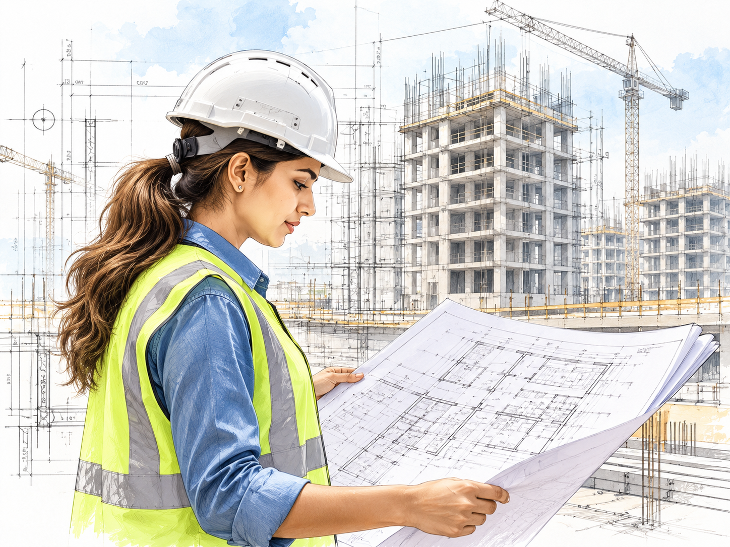 Female civil engineer studying architectural and structural drawings with a high-rise construction illustration in the background.