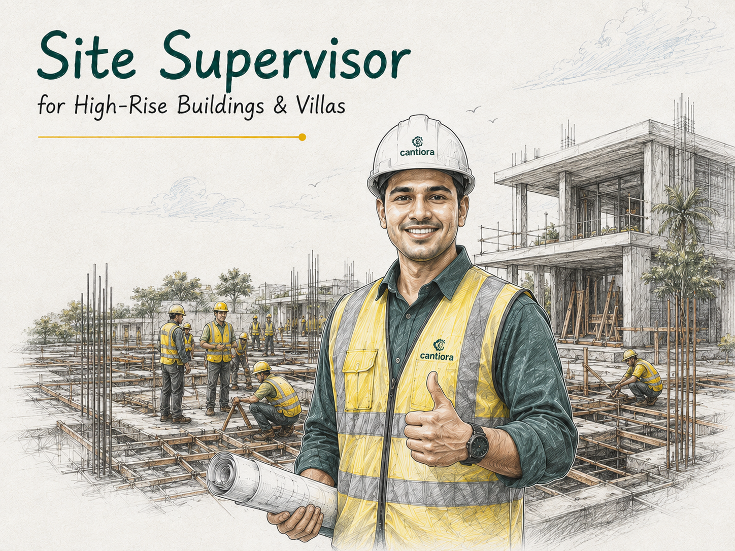 Site supervisor holding construction drawings at a high-rise project site