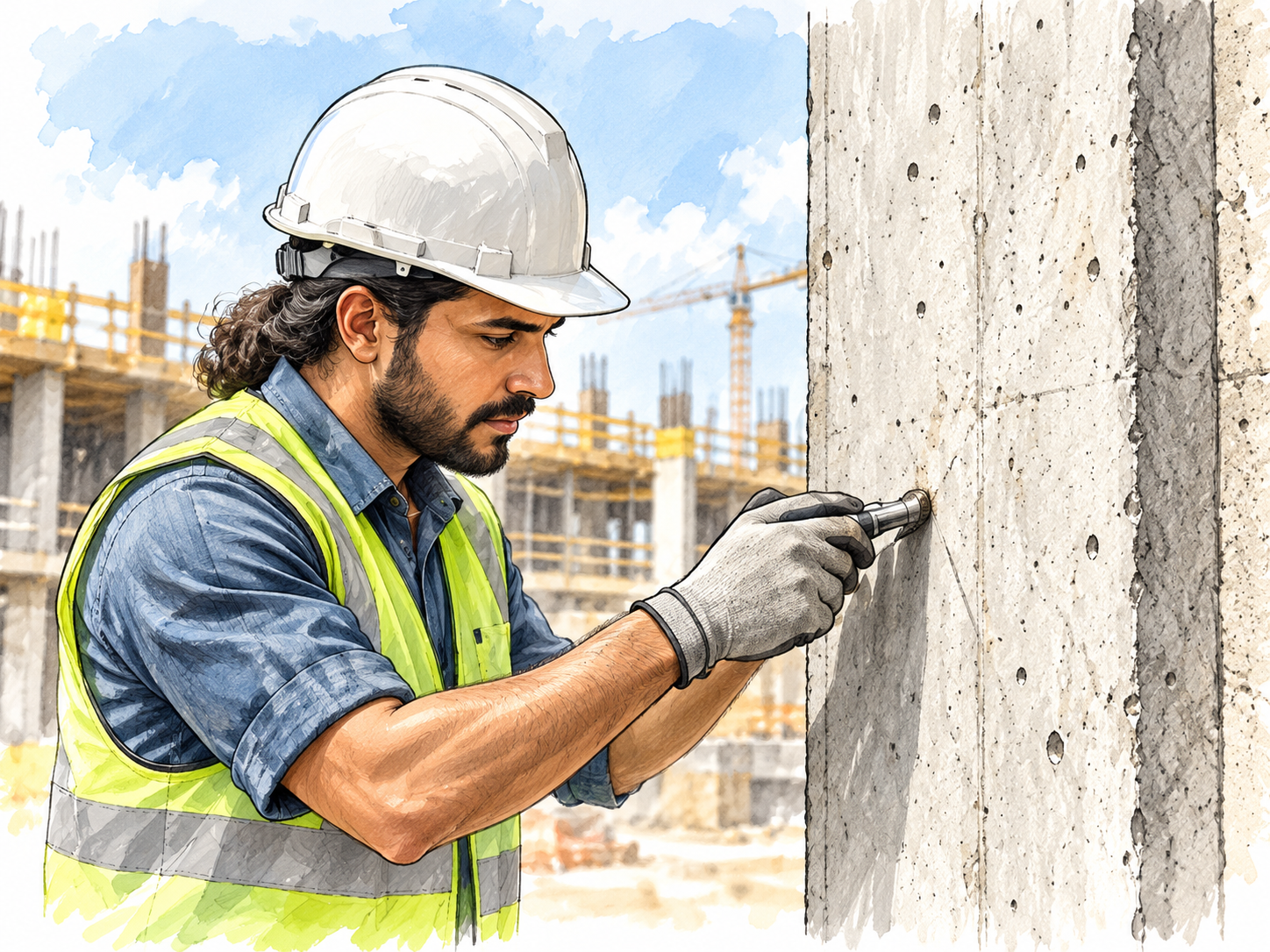 Construction professional inspecting a concrete column surface as part of a site quality check.