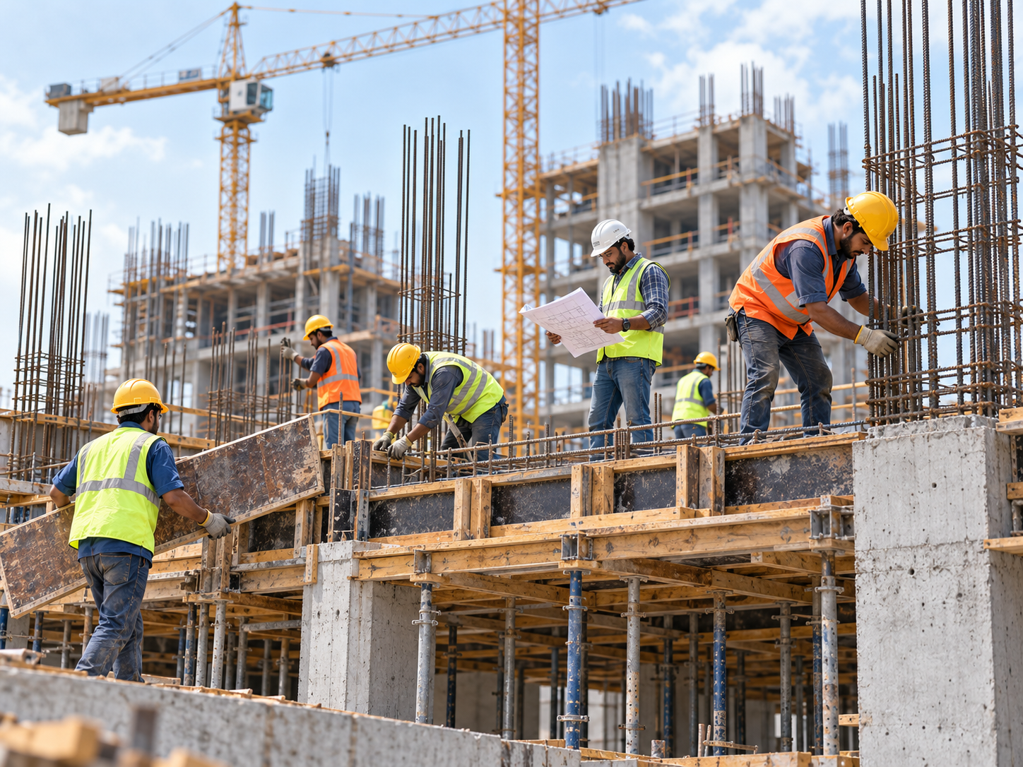 Construction workers carrying out reinforcement and formwork activities at a high-rise building site.