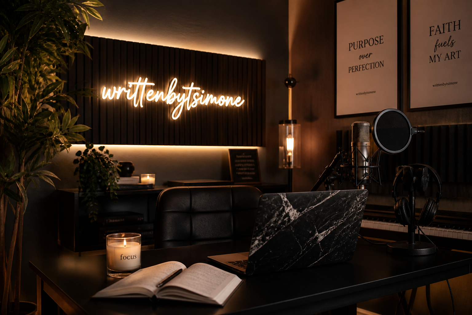 A cozy recording studio with a black table, laptop with a marble pattern, microphone, headphones, and an open book. A lit candle labeled 'focus' and a small plant sit on the table. Behind, a neon sign reads 'writtenbysimone' and framed quotes about purpose and faith are on the wall.