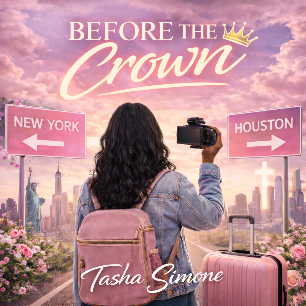 A woman with curly dark hair, wearing a denim jacket and pink backpack, holding a camera, standing at a fork in the road with signs pointing to New York and Houston. The background features a city skyline, pink roses, and a pink sky with clouds. The text "Before the Crown" is at the top, and "Tasha Simone" is at the bottom.