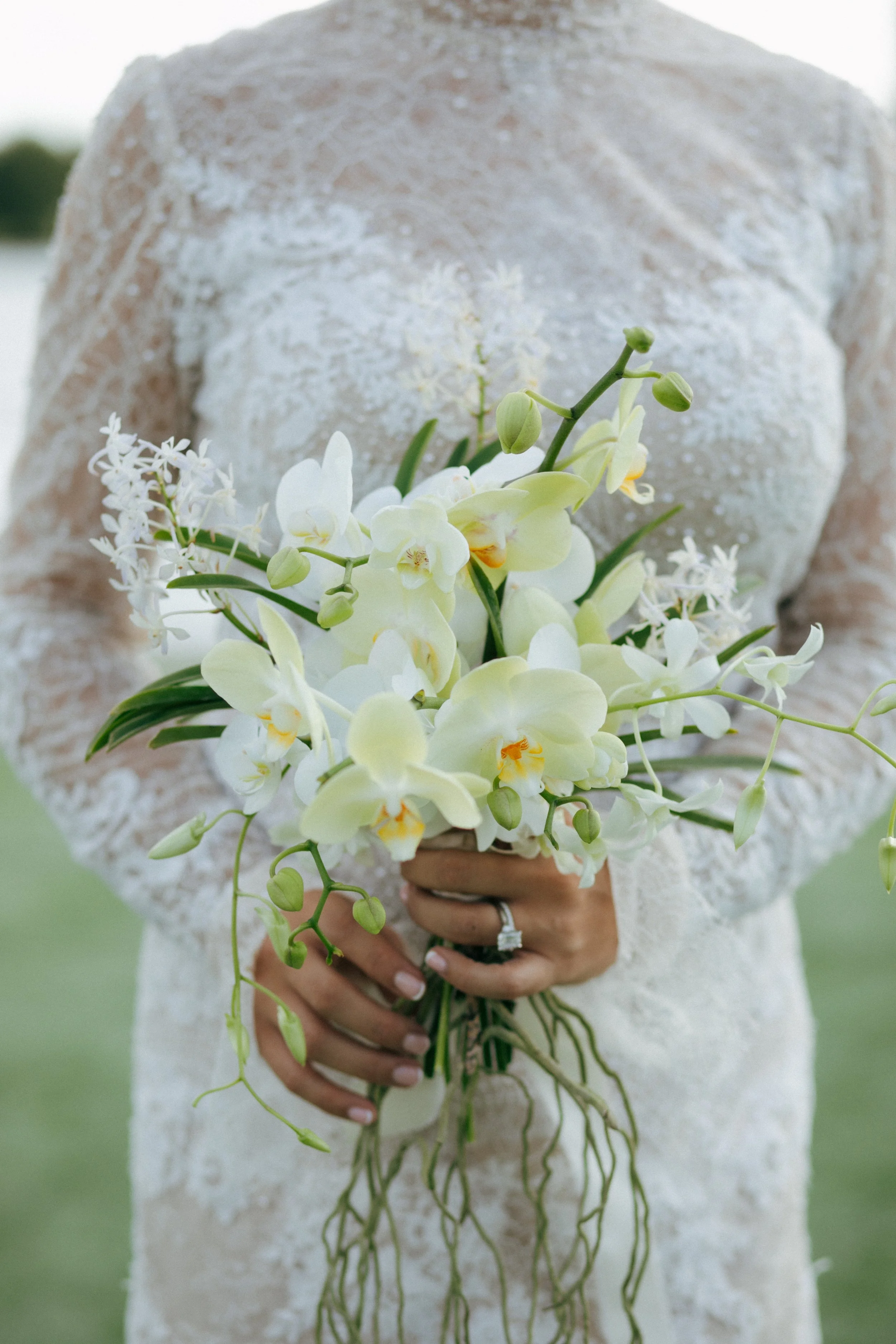 An all-orchid bouquet at Grace River Island
