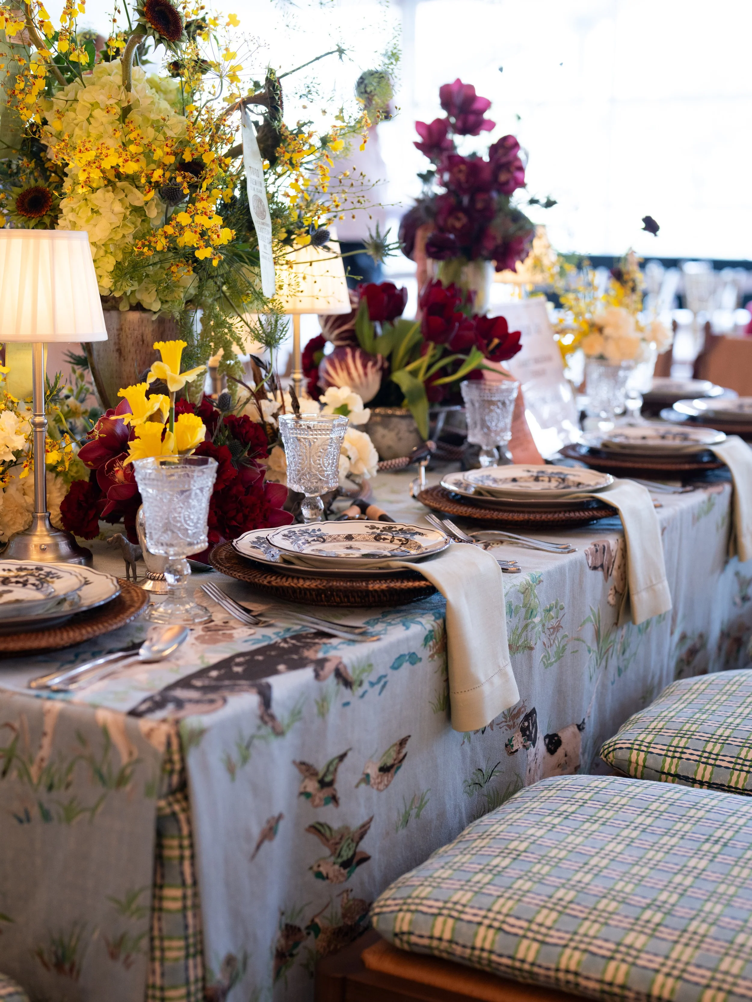 An antique dog show-themed dinner party tablescape for Naples Tables