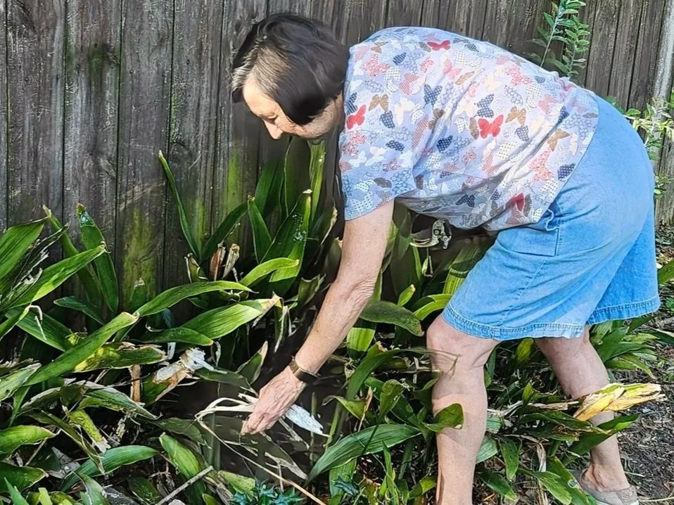 An elderly woman wearing a colorful butterfly-patterned shirt and denim shorts tending to plants in a garden.