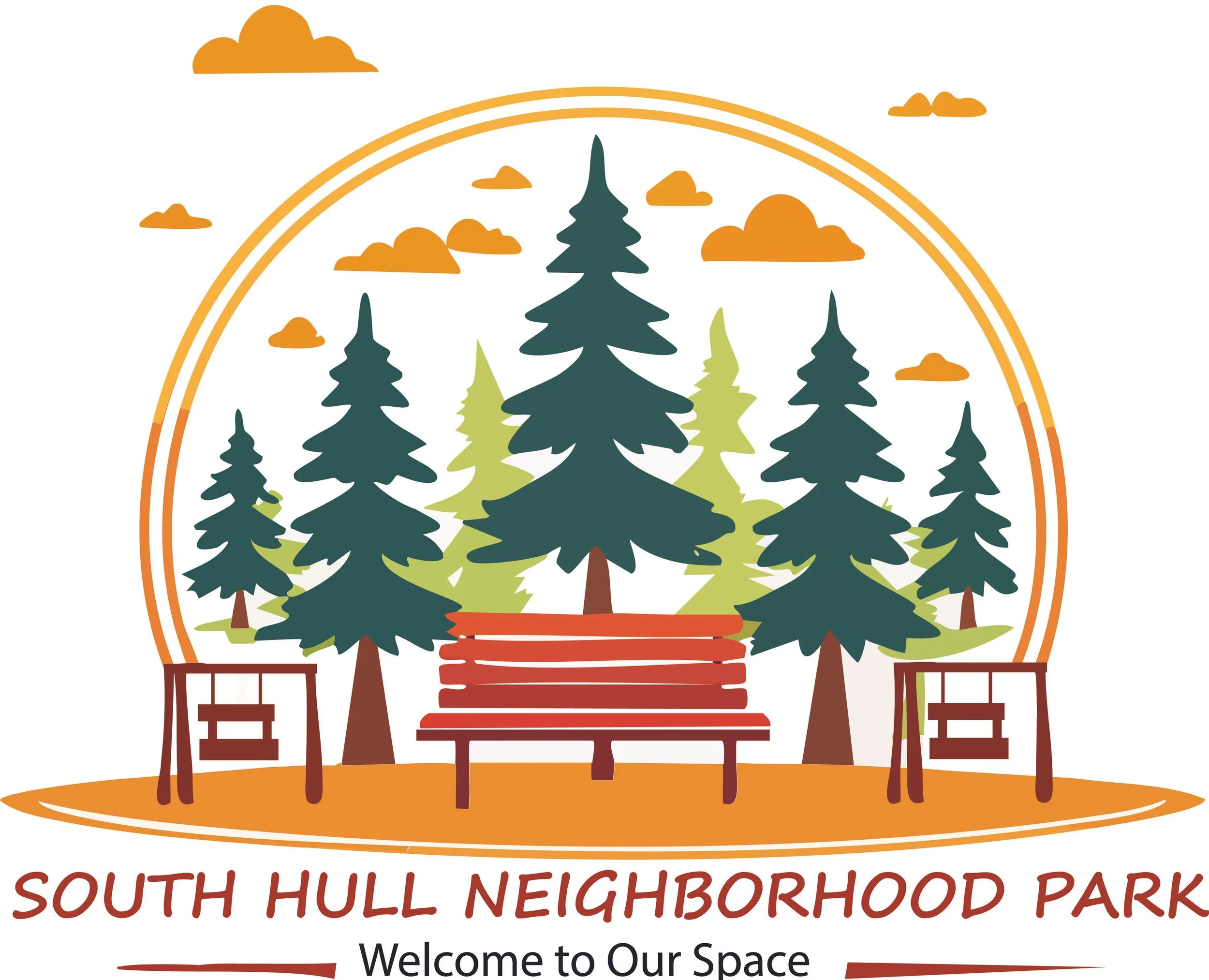 Illustration of trees, clouds, and a rainbow, with text that reads "South Hull Neighborhood Park" and "Welcome to Our Space."