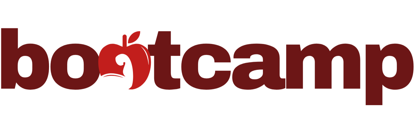 Das Logo von "bootcamp" mit einer roten Apfel-Ikone, die als Teil des Textes integriert ist.