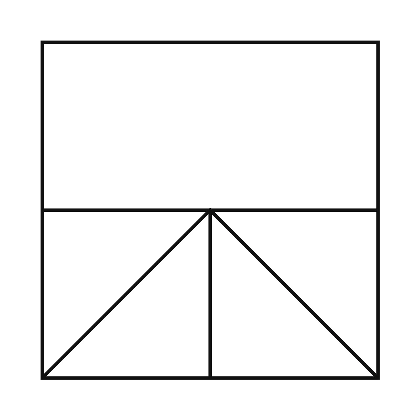 Geometric drawing of an outline square with sections divided by vertical, horizontal, and half circle lines.
