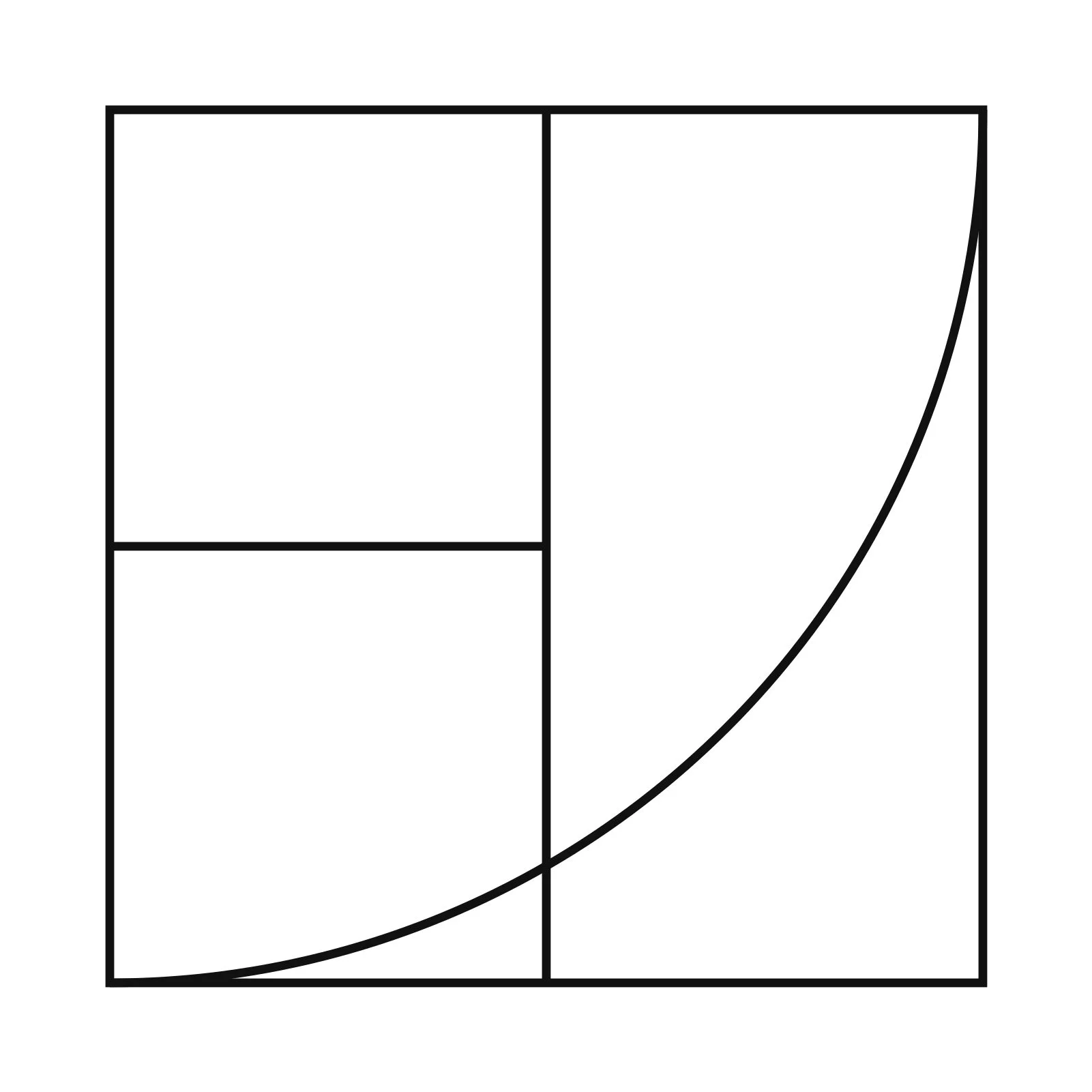 Geometric drawing of an outline square with sections divided by vertical, horizontal, and circle lines.