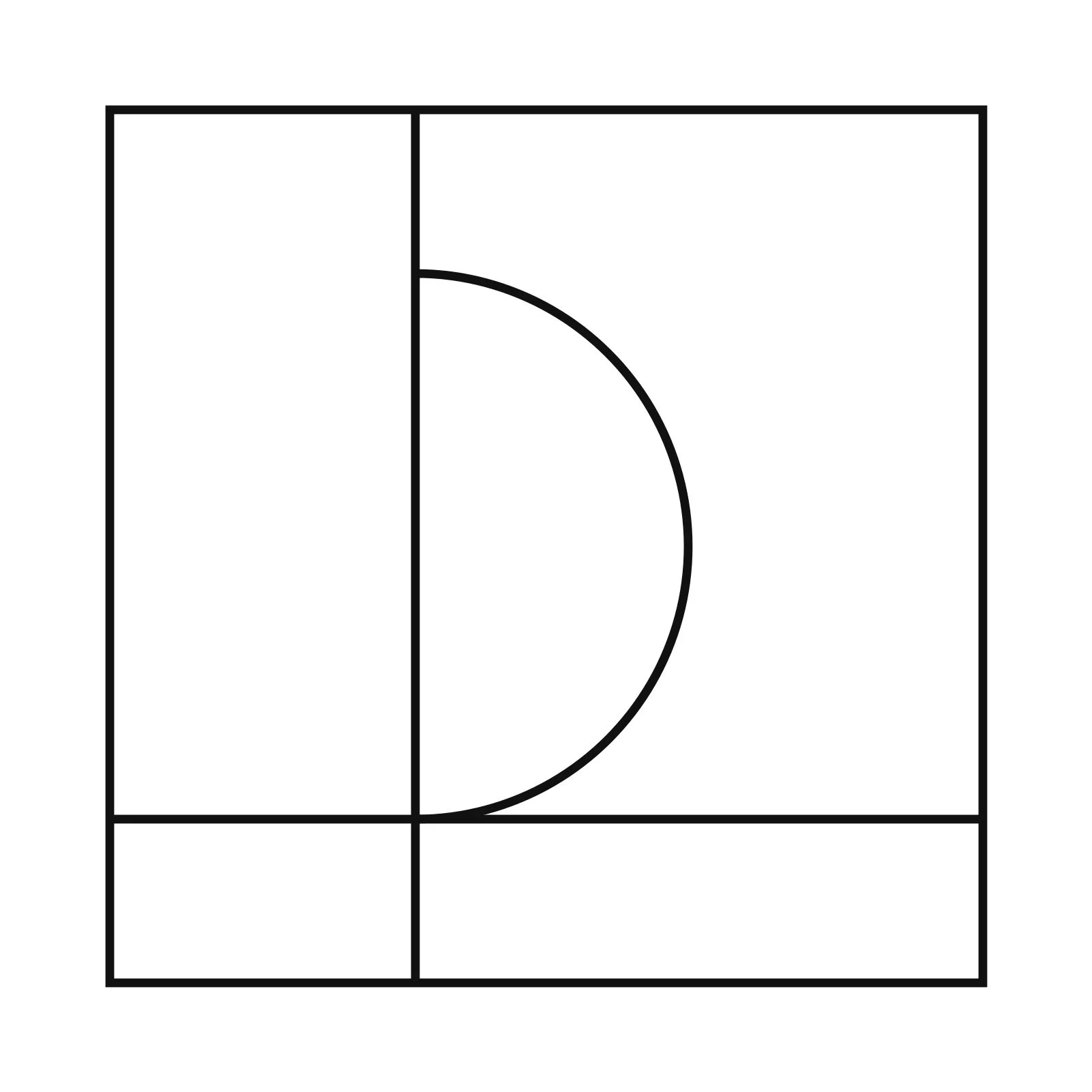 Geometric drawing of an outline square with sections divided by vertical, horizontal, and diagonal lines.
