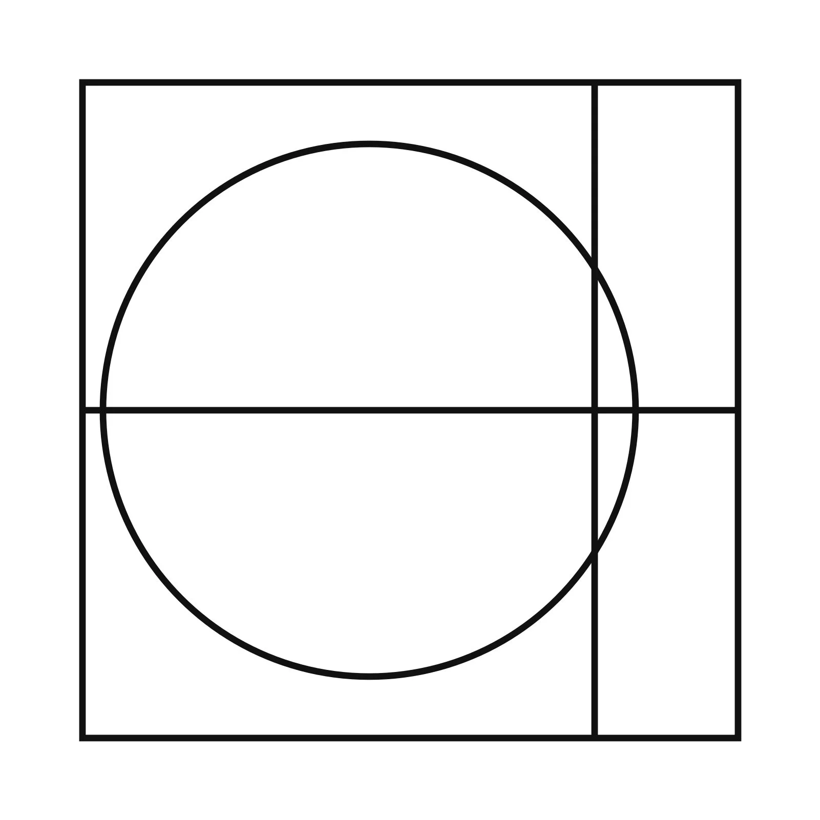 Geometric drawing of an outline square with sections divided by vertical, horizontal, and half circle lines.