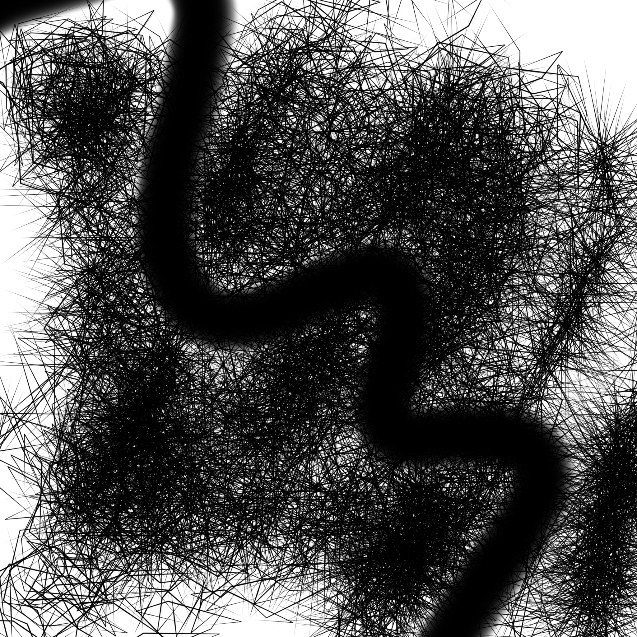 Illustration abstraite composée de lignes noires enchevêtrées formant des motifs complexes sur un fond blanc.