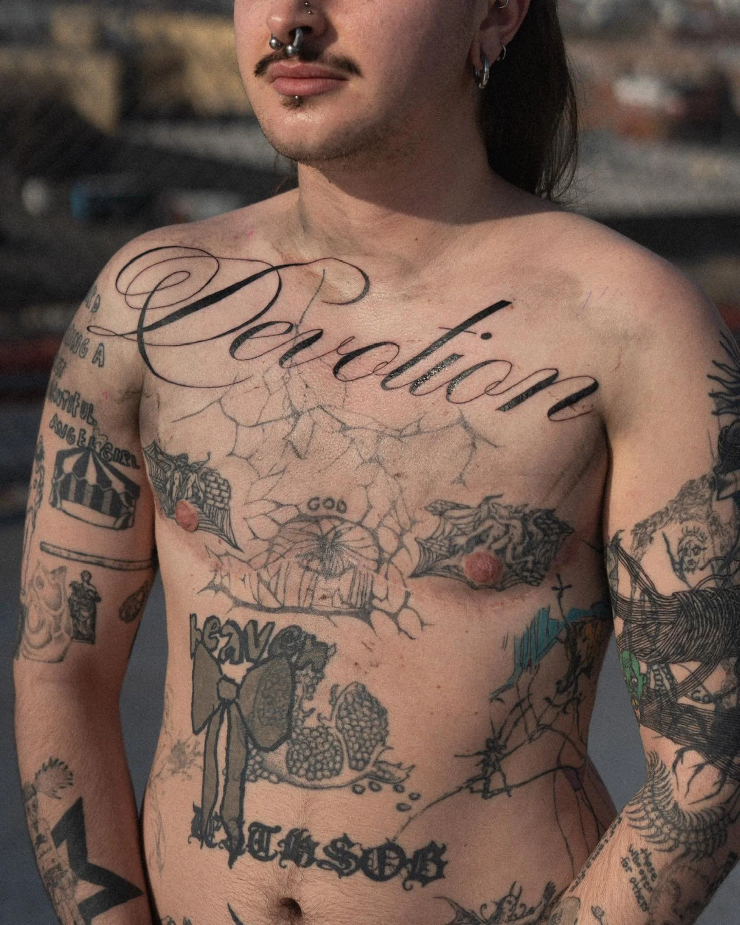 Welcome back Sage B))&nbsp;
Big ole Devotion on the chest, text on the shin to compliment an amazing Tammy of Finland by @melejuana 
Healed dome star with some touchups and healed back figure, done with a 9RL needle that I made :3
Thank u for more ta