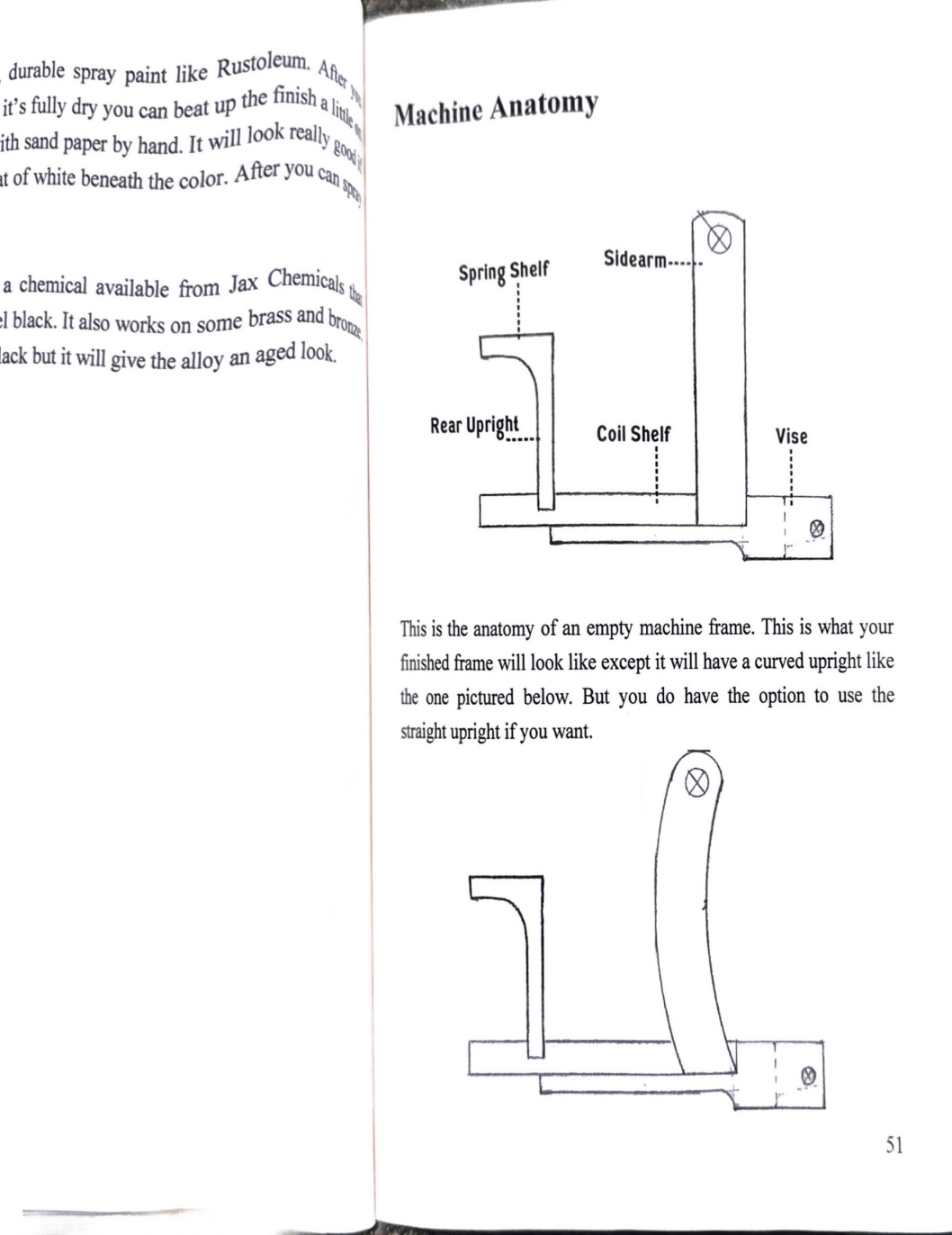 Diagramme d'une machine à vide illustrant la structure de base avec des étiquettes pour une armature de cadre de machine vide, y compris une étagère à ressort, un bras vertical droit ou courbé, une étagère de bobine, une épaulette, un dos de machine et une épaulette latérale.