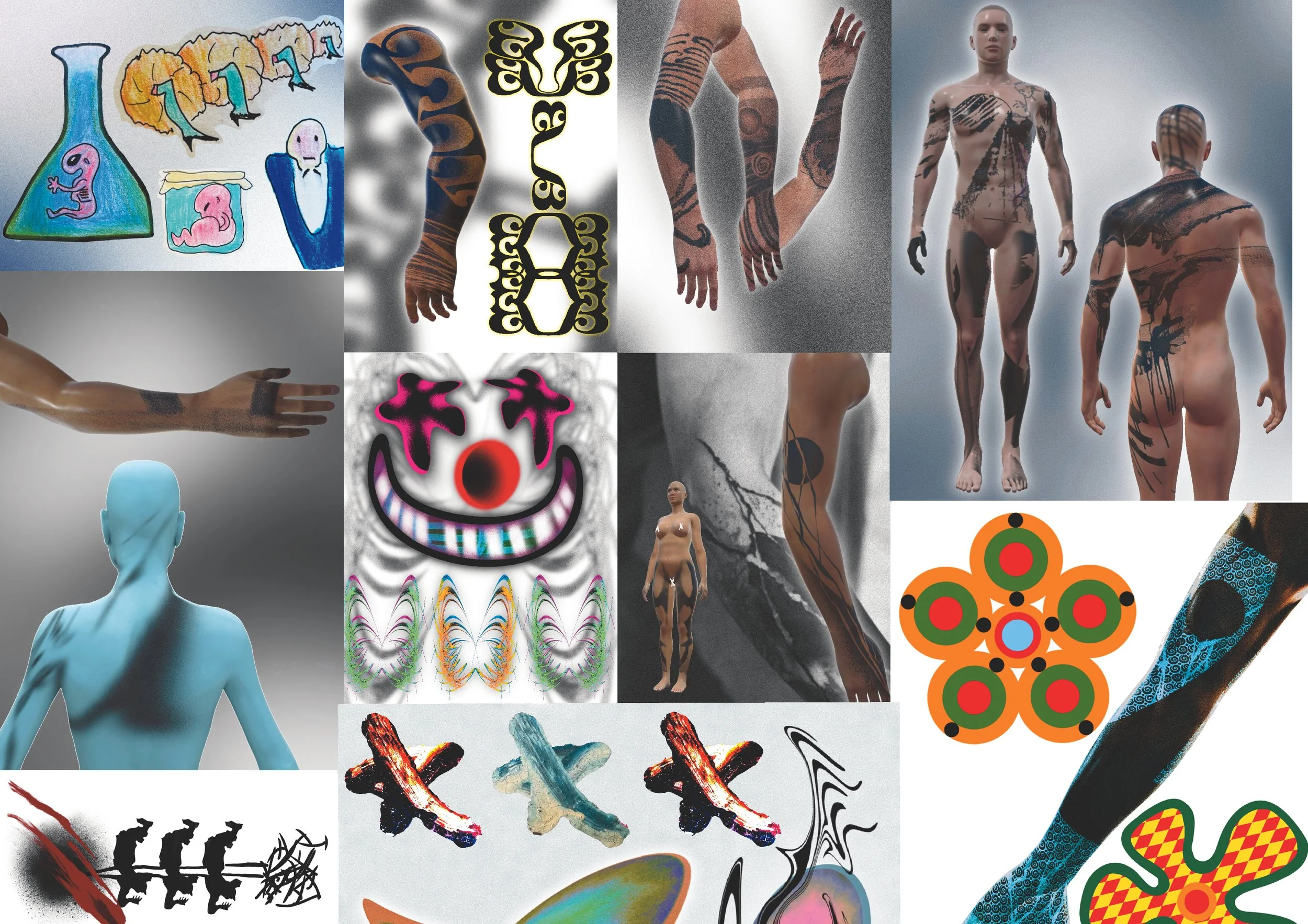 Une mosaïque de différentes images comprenant des dessins, des sculptures, des tatouages, des motifs abstraits, et des figurines humaines, représentant une diversité artistique et corporelle.