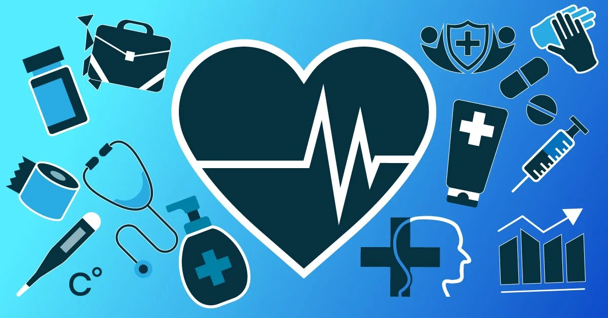 Various medical and health-related icons surrounding a large heart with a heartbeat line in the center, including a stethoscope, pill bottles, bandages, syringes, a thermometer, a first aid kit, a shield with a cross, and a graph with upward trend.