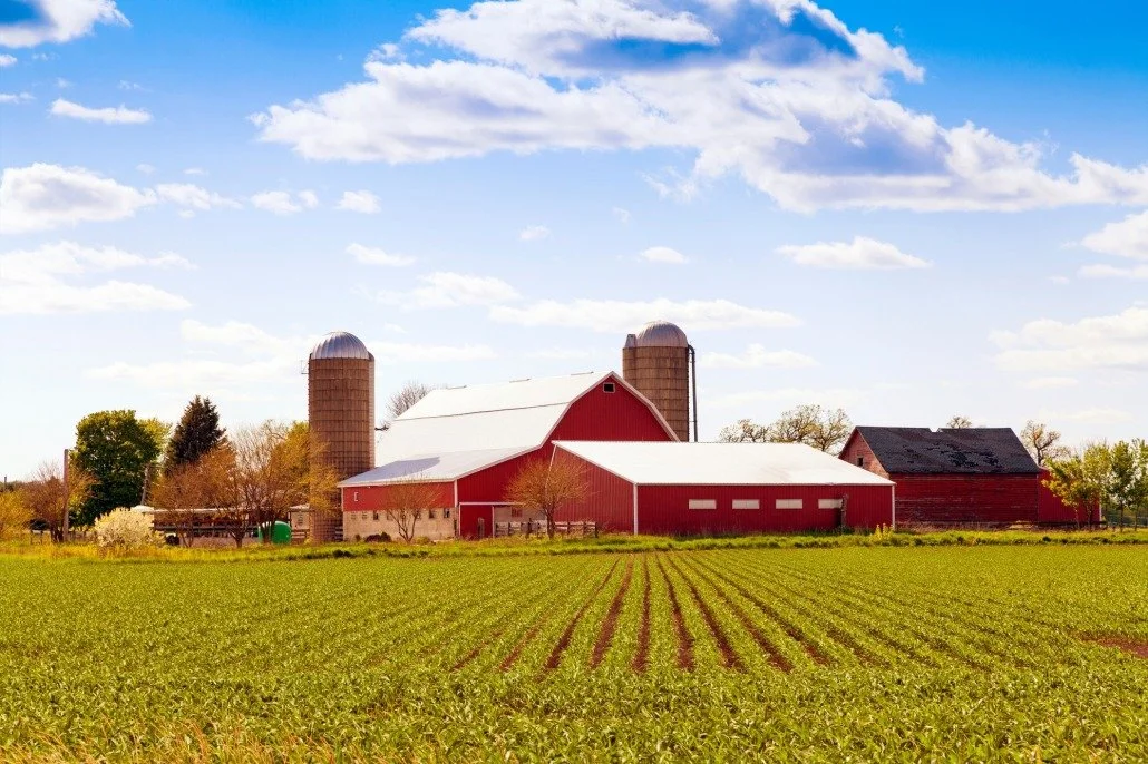 A rural farm scene with a red barn, white roof, two silos, and a field of green crops. There are a few trees and a blue sky with scattered clouds.