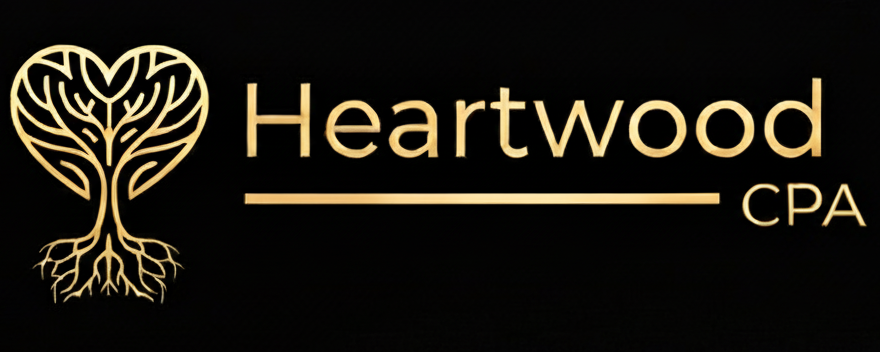 Logo for Heartwood CPA featuring a stylized heart-shaped tree with roots, in gold on a black background.