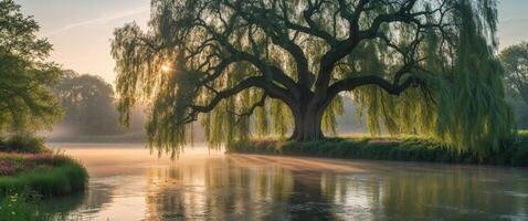 A large weeping willow tree overhanging a river at sunset, with green foliage and calm water.