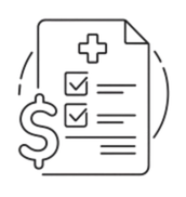 Icon of a medical document with a cross symbol, dollar sign, and checkmarks.